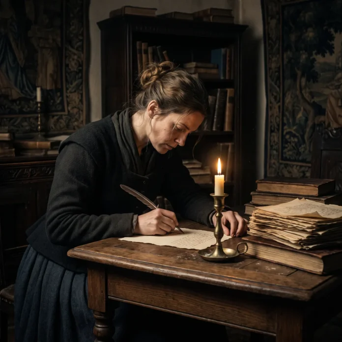 Une femme écrit une courte note à la bougie, une pile de documents inachevés posée à l'écart à sa droite.
