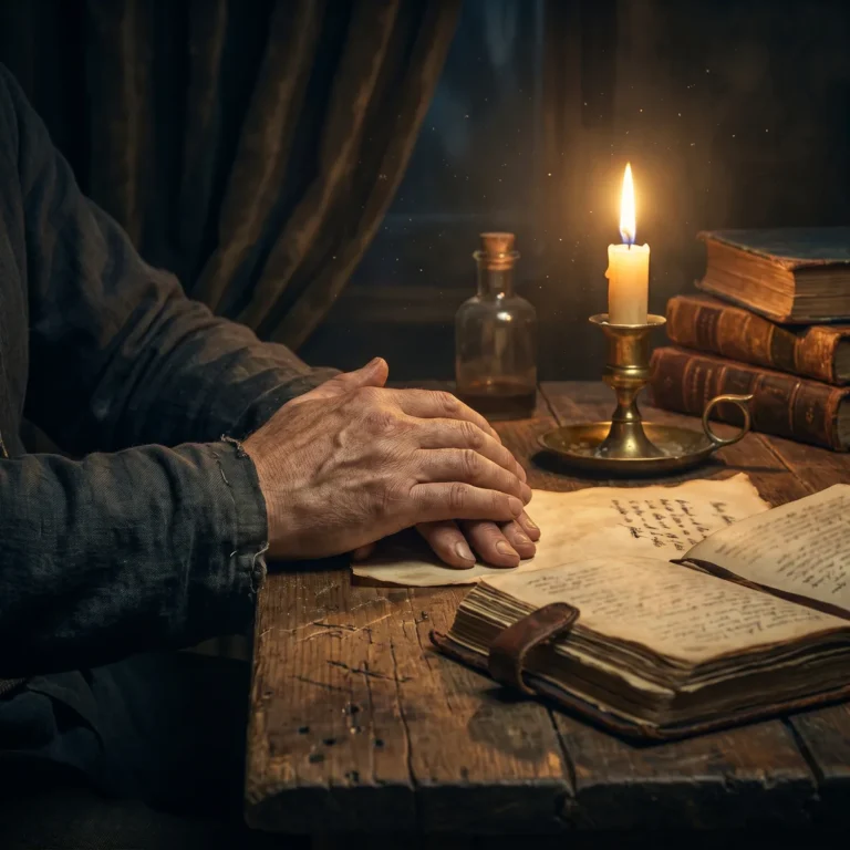 Deux mains se touchant doucement sur une table en bois, près d'une bougie et d'un carnet ancien entrouvert.