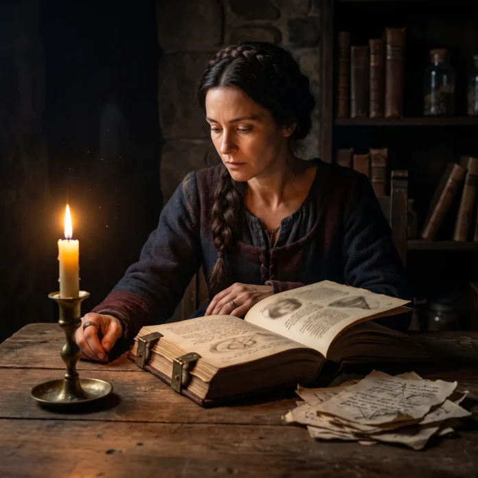 Une femme pensive assise devant un livre ancien et des papiers couverts de marques illisibles, à la lueur d'une bougie.