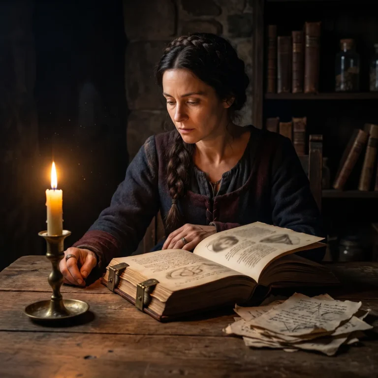 Une femme pensive assise devant un livre ancien et des papiers couverts de marques illisibles, à la lueur d'une bougie.