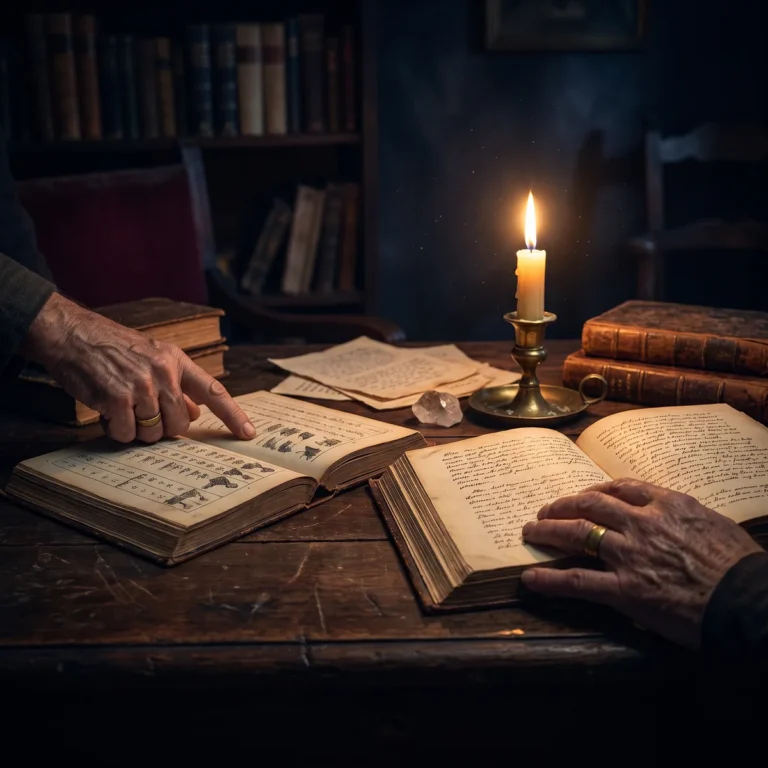 Mains comparant deux vieux livres ouverts, l'un couvert de tableaux chiffrés, l'autre de texte, à la lueur d'une bougie.